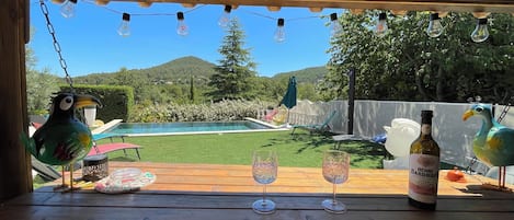 A wooden deck with a pool, outdoor seating, and decorative bird figures.