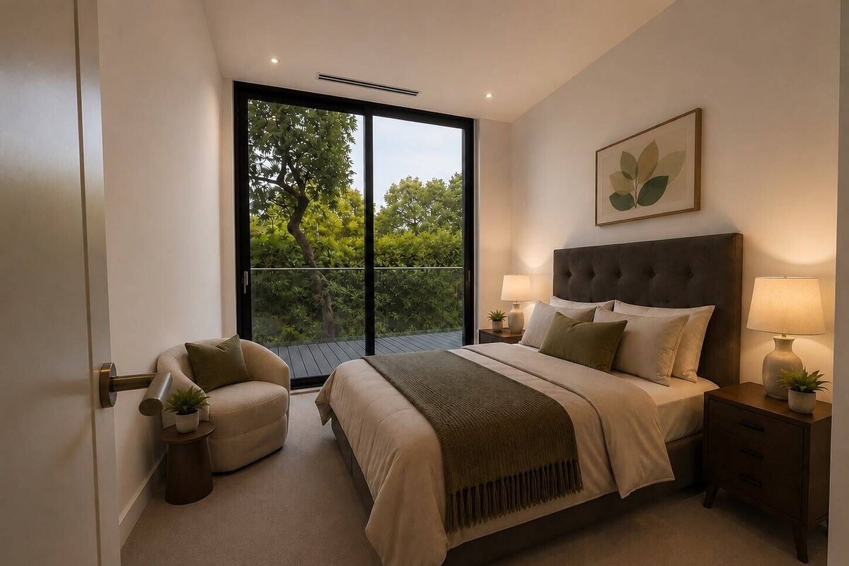 A bedroom with a large bed, two bedside tables with lamps, a chair, and a window with a view of greenery.