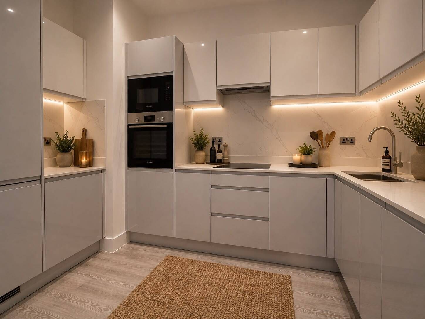 A modern kitchen with white cabinetry, a built-in oven, and a stainless steel sink.