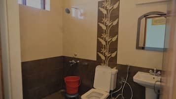 A bathroom with a toilet, bidet, and shower.
