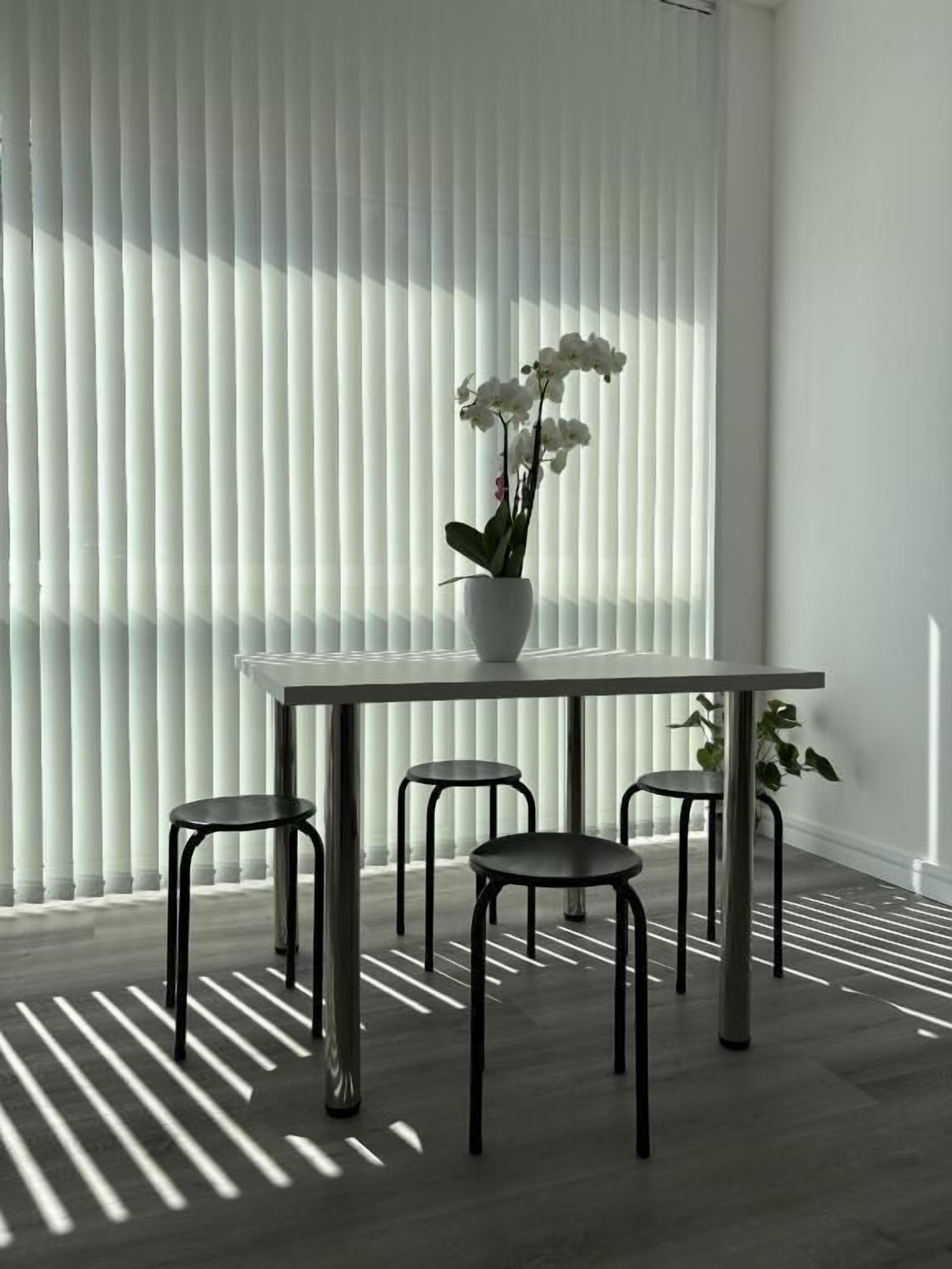 A dining area with a table and four chairs, a potted plant, and vertical blinds on the window.