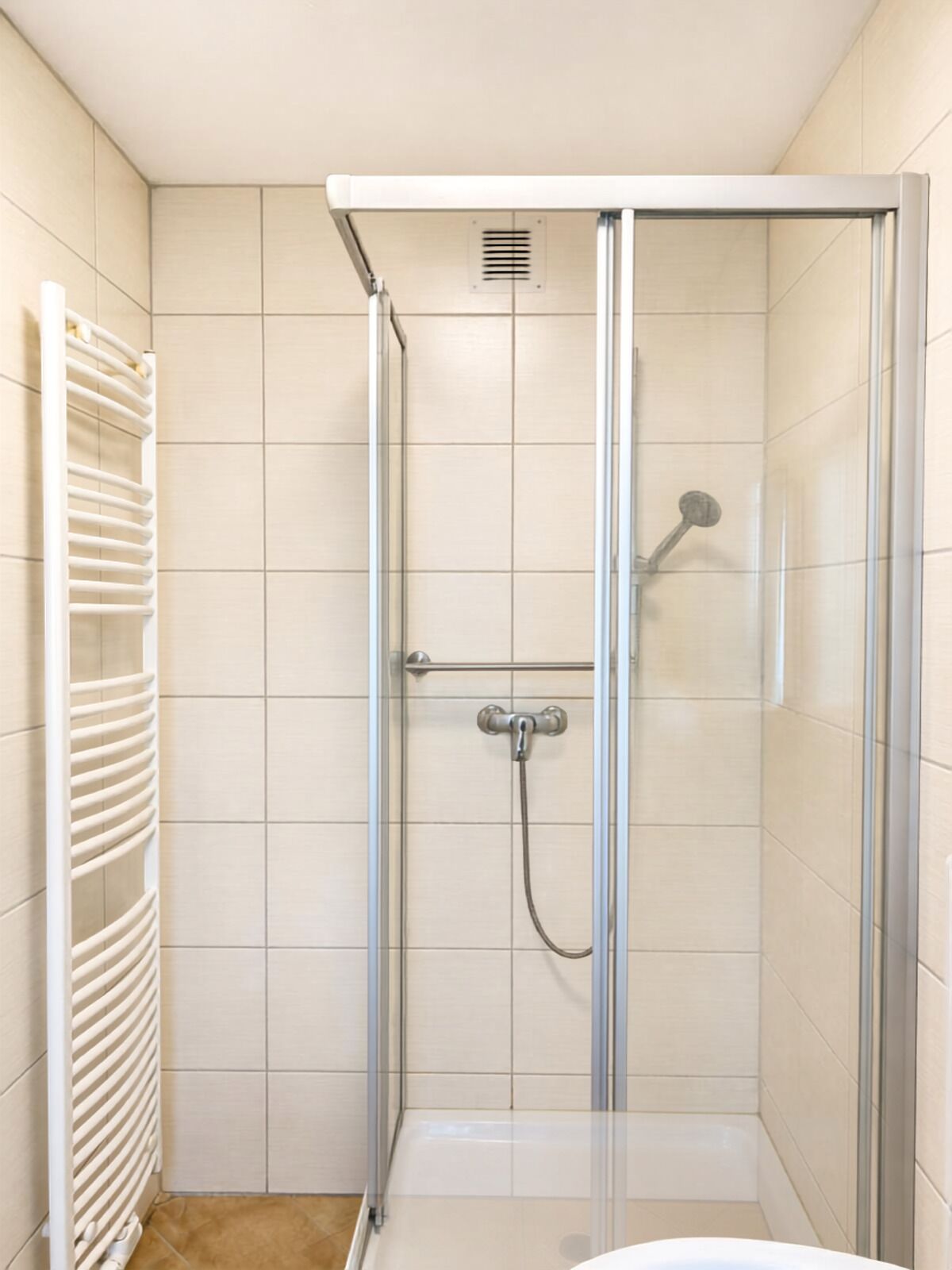 Eine Duschkabine mit Glastür, Handbrause und am Wand montierter Armatur.