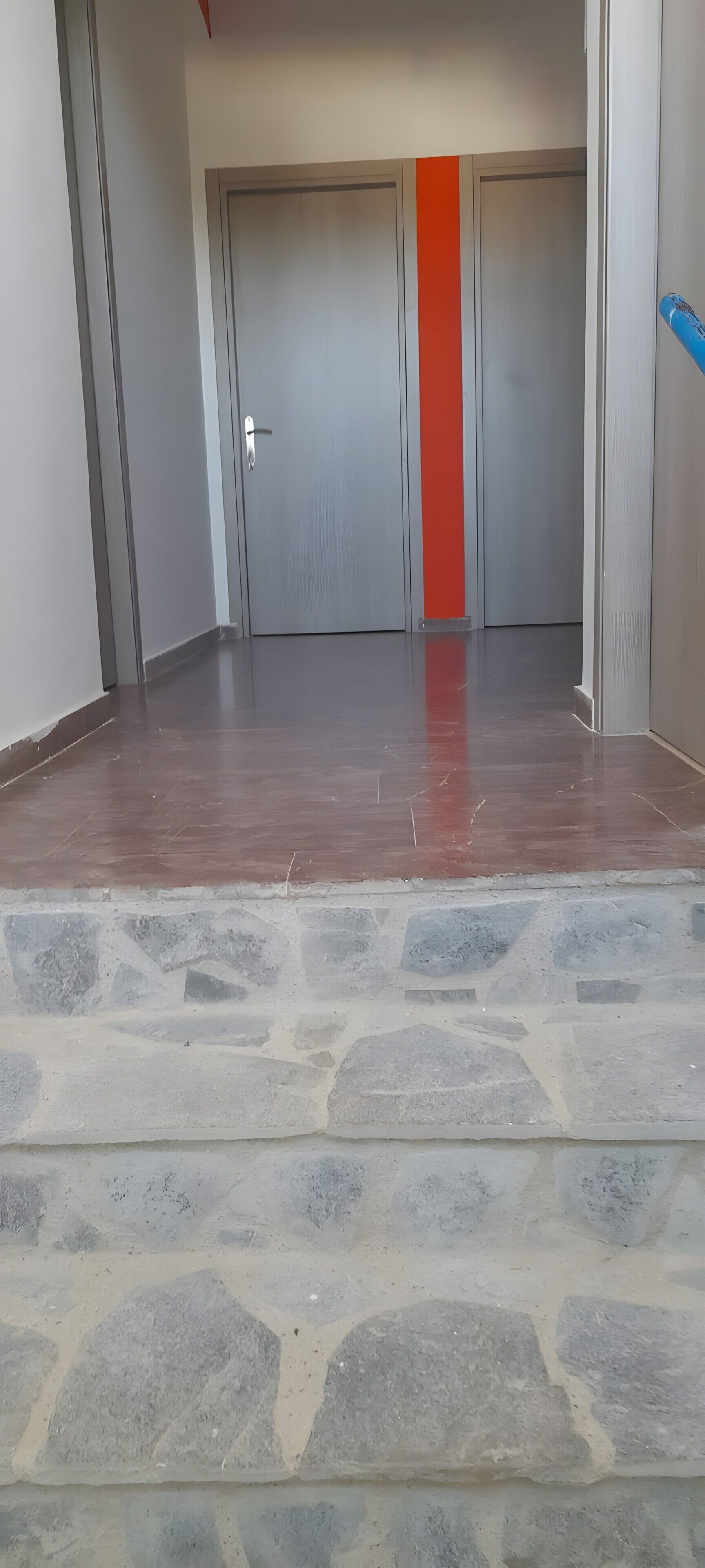 A set of steps leading to a door with a red stripe, a grey door, and a white door.
