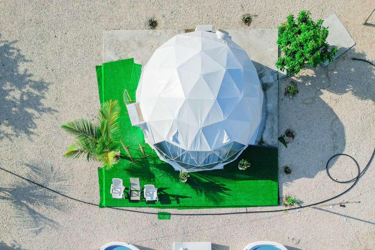 Vista aérea de un área de piscina con una gran estructura en forma de cúpula, múltiples sillas de descanso y una alberca.