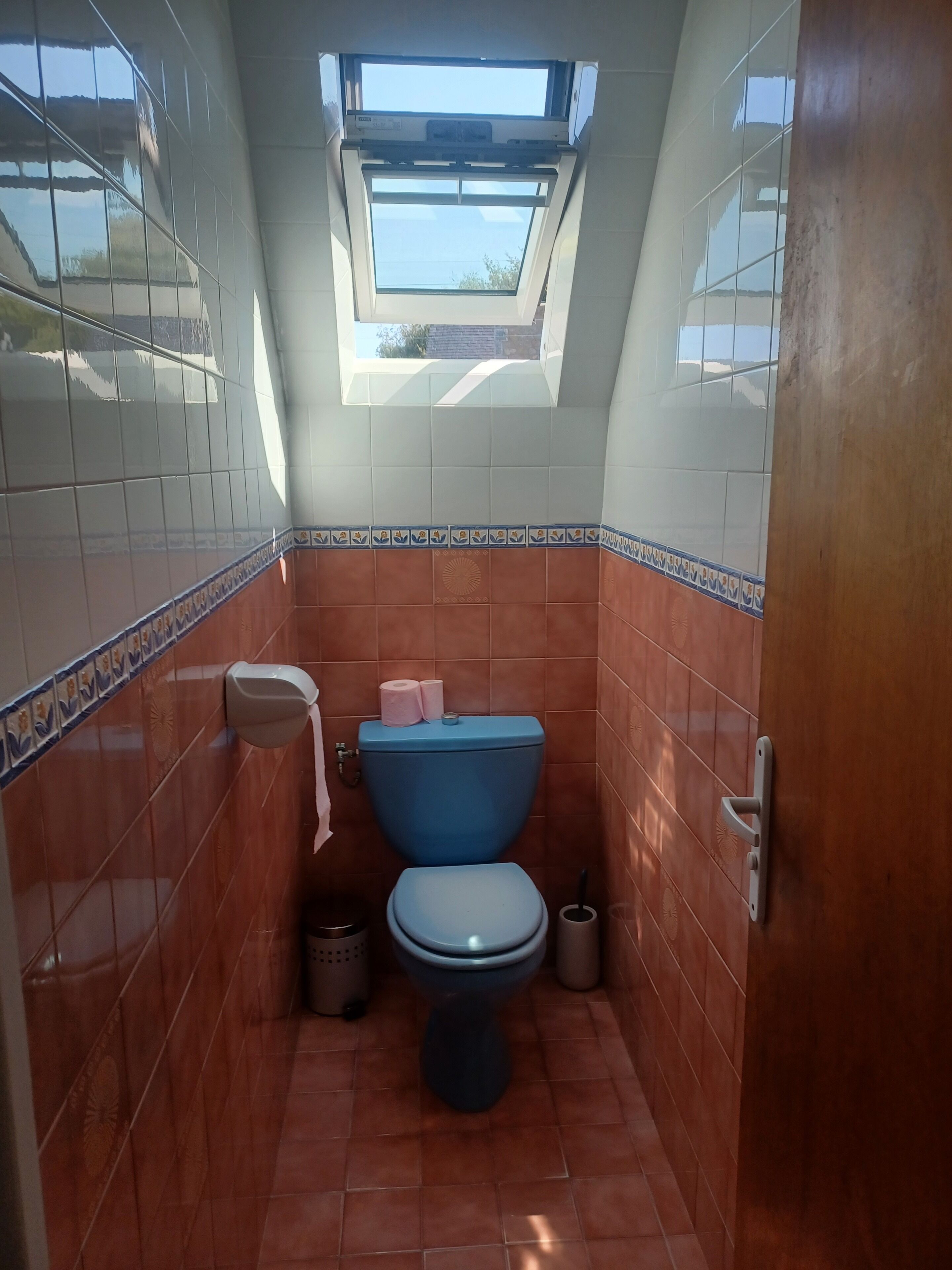 Une petite salle de bain avec un puits de lumière, des toilettes et une poubelle.