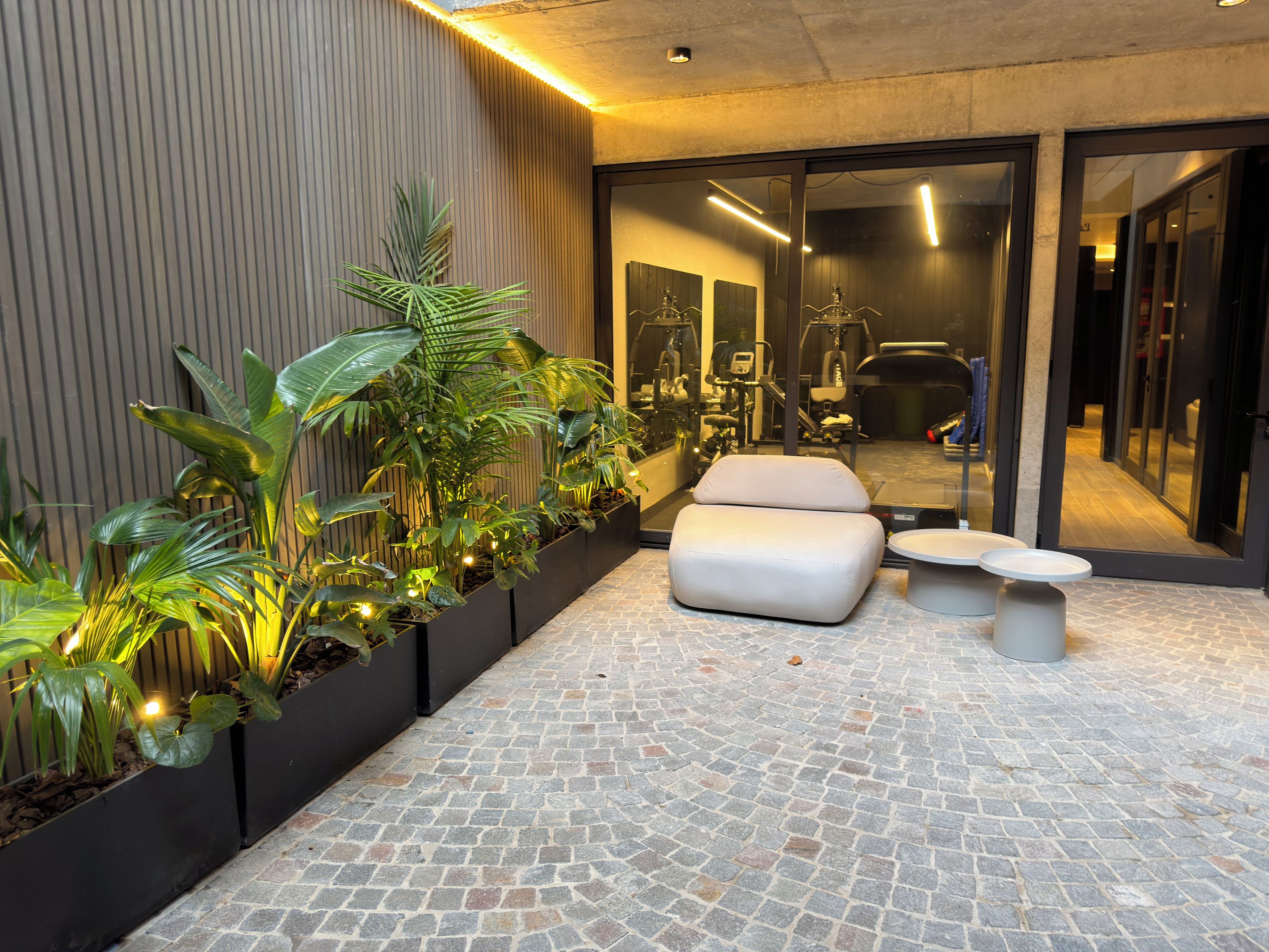 An outdoor patio area with a seating arrangement, a planter with tropical plants, and a glimpse of a gym through a glass door.