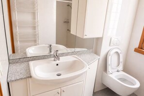 A bathroom with a white sink, a mirror, a toilet, and a shower area.