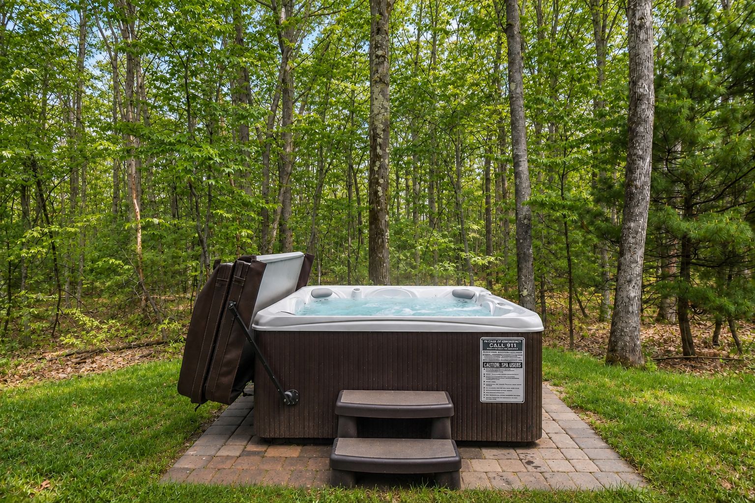 A hot tub in a forested area with a bench and steps leading up to it.