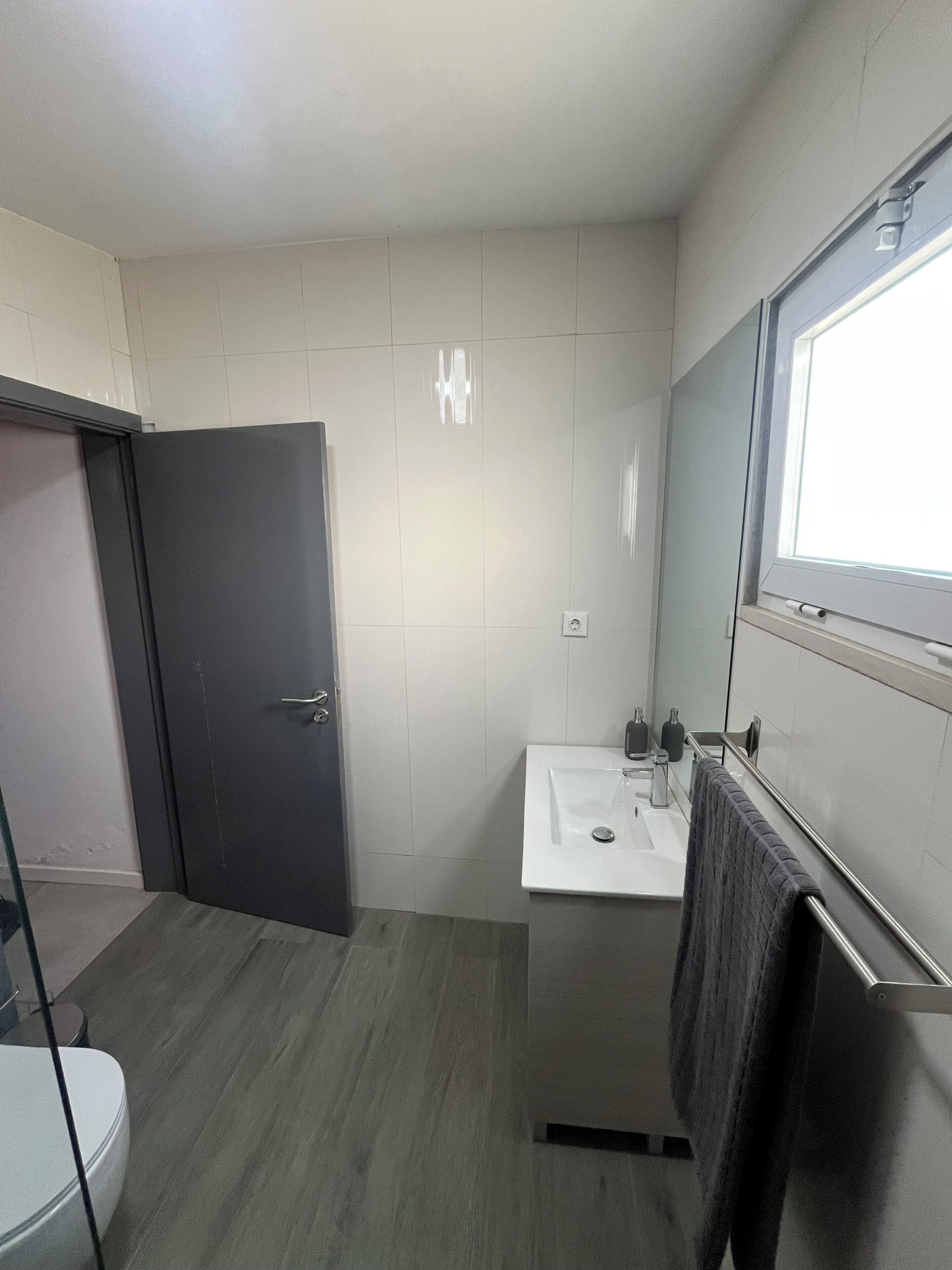 A modern bathroom with a toilet, a sink, and a dark door.