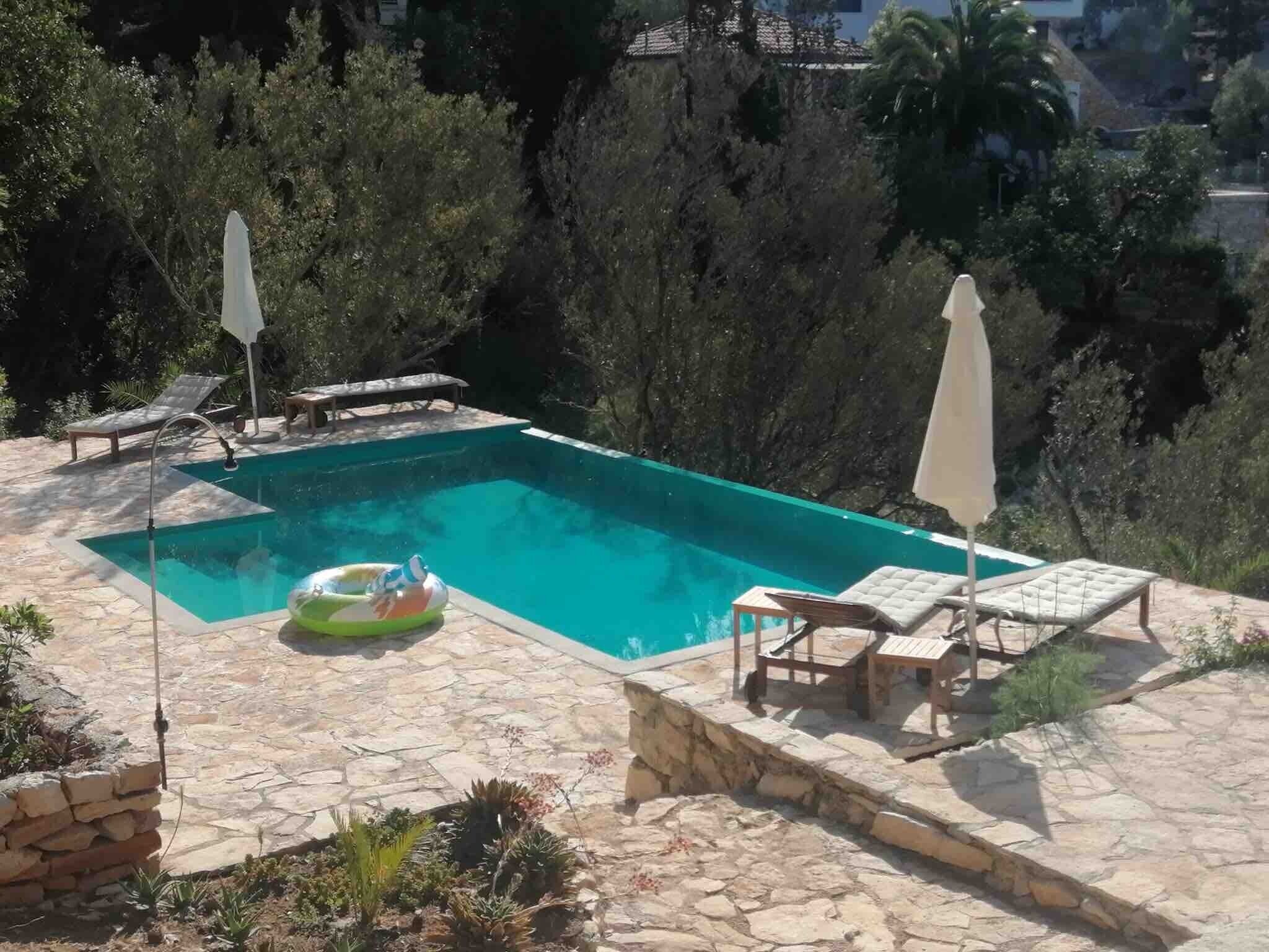 A swimming pool with lounge chairs and umbrellas, surrounded by vegetation.