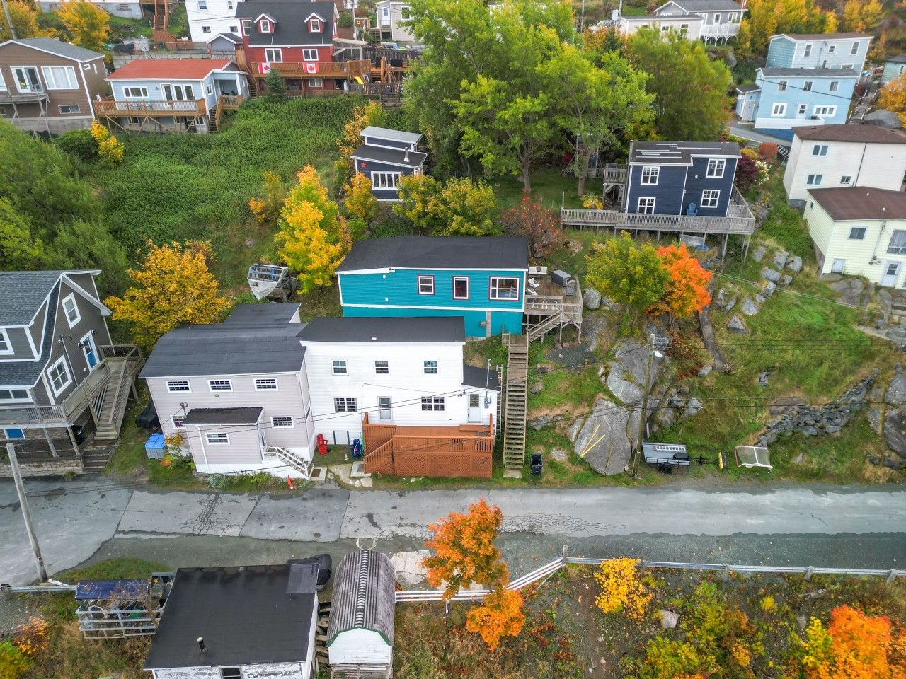 A residential area with houses, a dock, and a road.