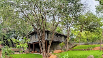 A treehouse with a wooden deck, surrounded by lush greenery and large rocks.