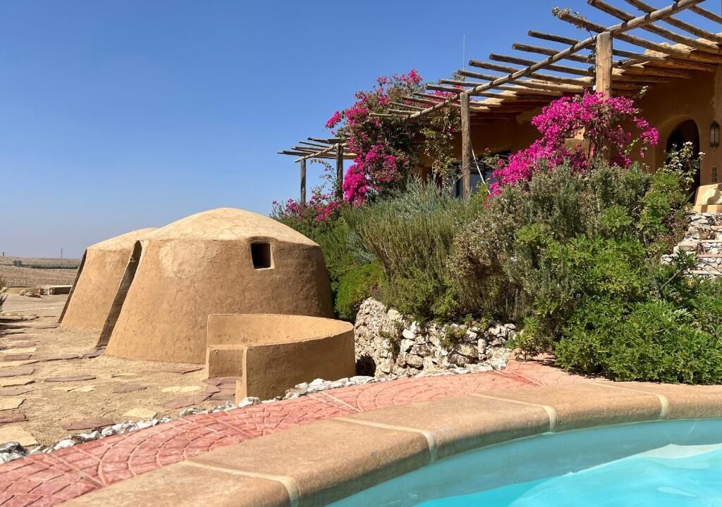 A pool area with a stone structure and a pergola with pink flowers.