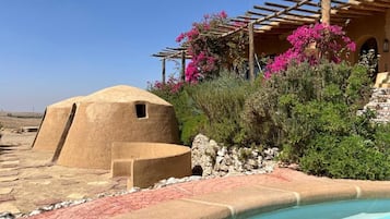 A pool area with a stone structure and a pergola with pink flowers.