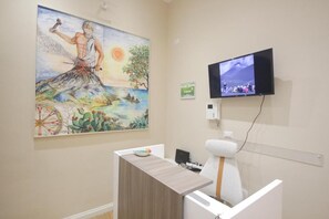 A room with a painting, a television, and a desk with a computer. - Etna Vibes Home (Catania)