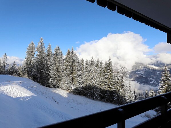 A snowy mountain landscape with evergreen trees and a clear blue sky. - Renovated apartment, mountain view - 4 guests (Courchevel 1650)
