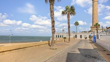 A coastal promenade with palm trees, a lighthouse, and a view of the sea.