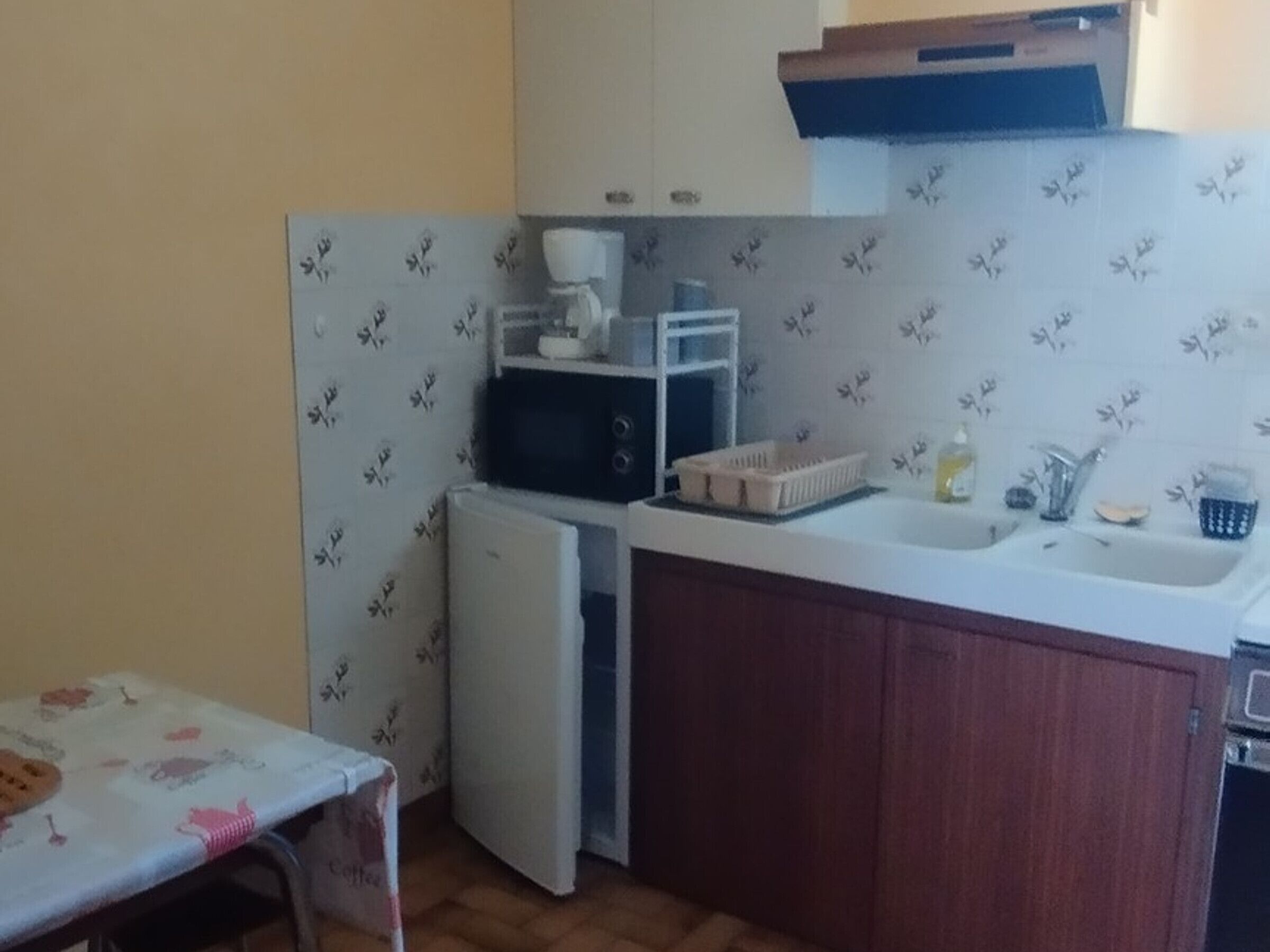 A compact kitchen with a refrigerator, microwave, and sink.