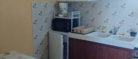 A compact kitchen with a refrigerator, microwave, and sink.