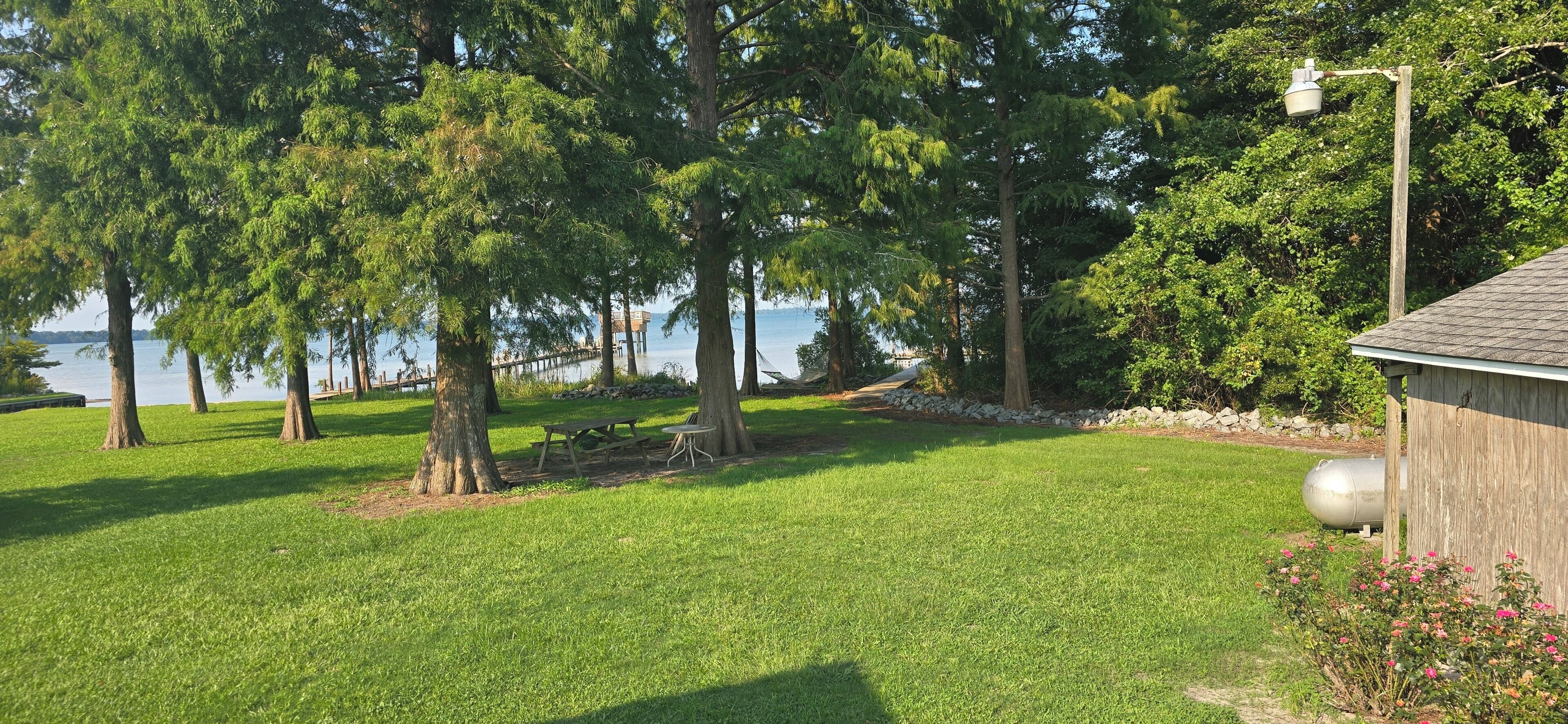A grassy area with picnic tables and a wooden structure, likely a shed, near a body of water.