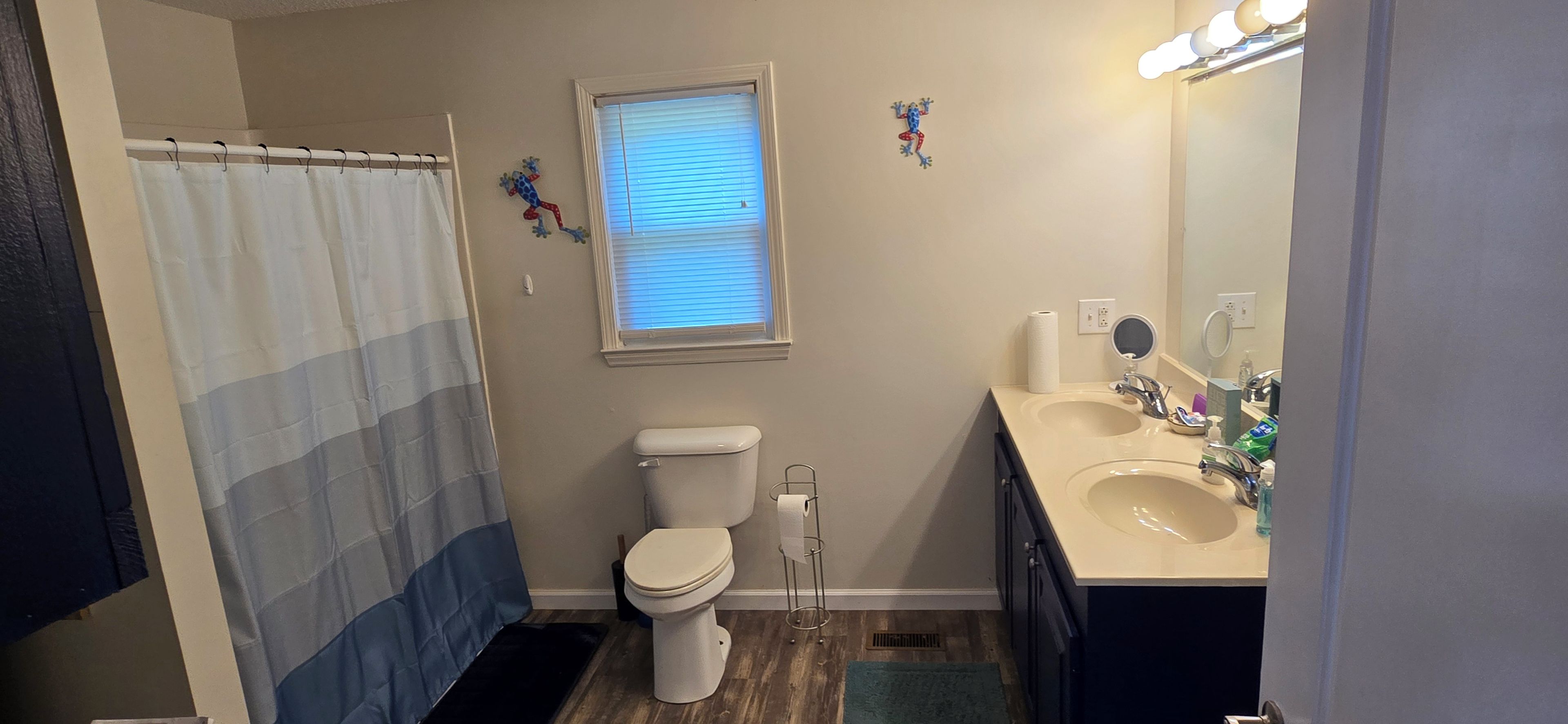 A bathroom with a toilet, sink, and shower curtain.