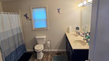 A bathroom with a toilet, sink, and shower curtain.