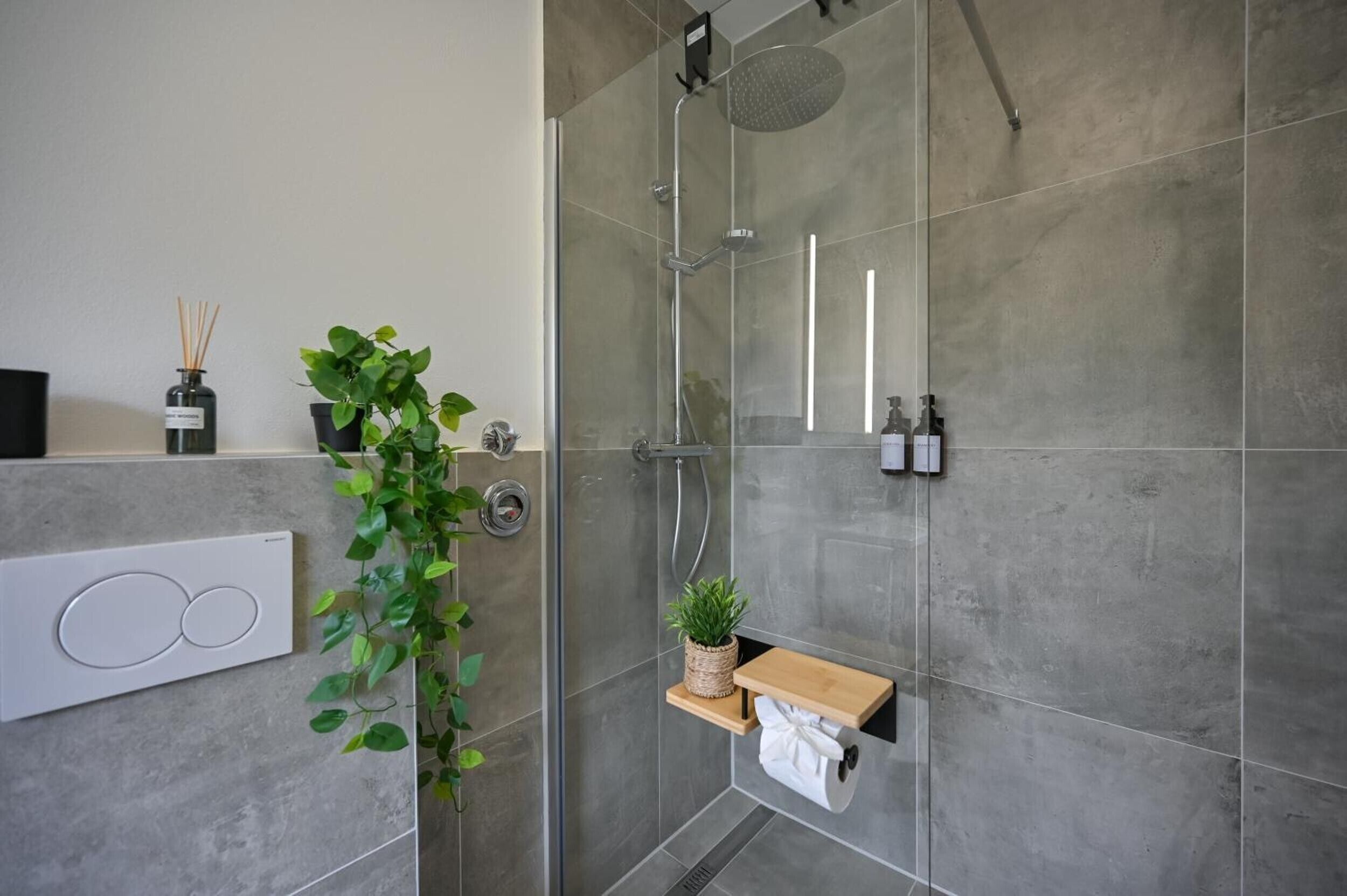 Une salle de bain moderne avec une douche à parois de verre, des toilettes suspendues et une petite étagère agrémentée d’une plante.