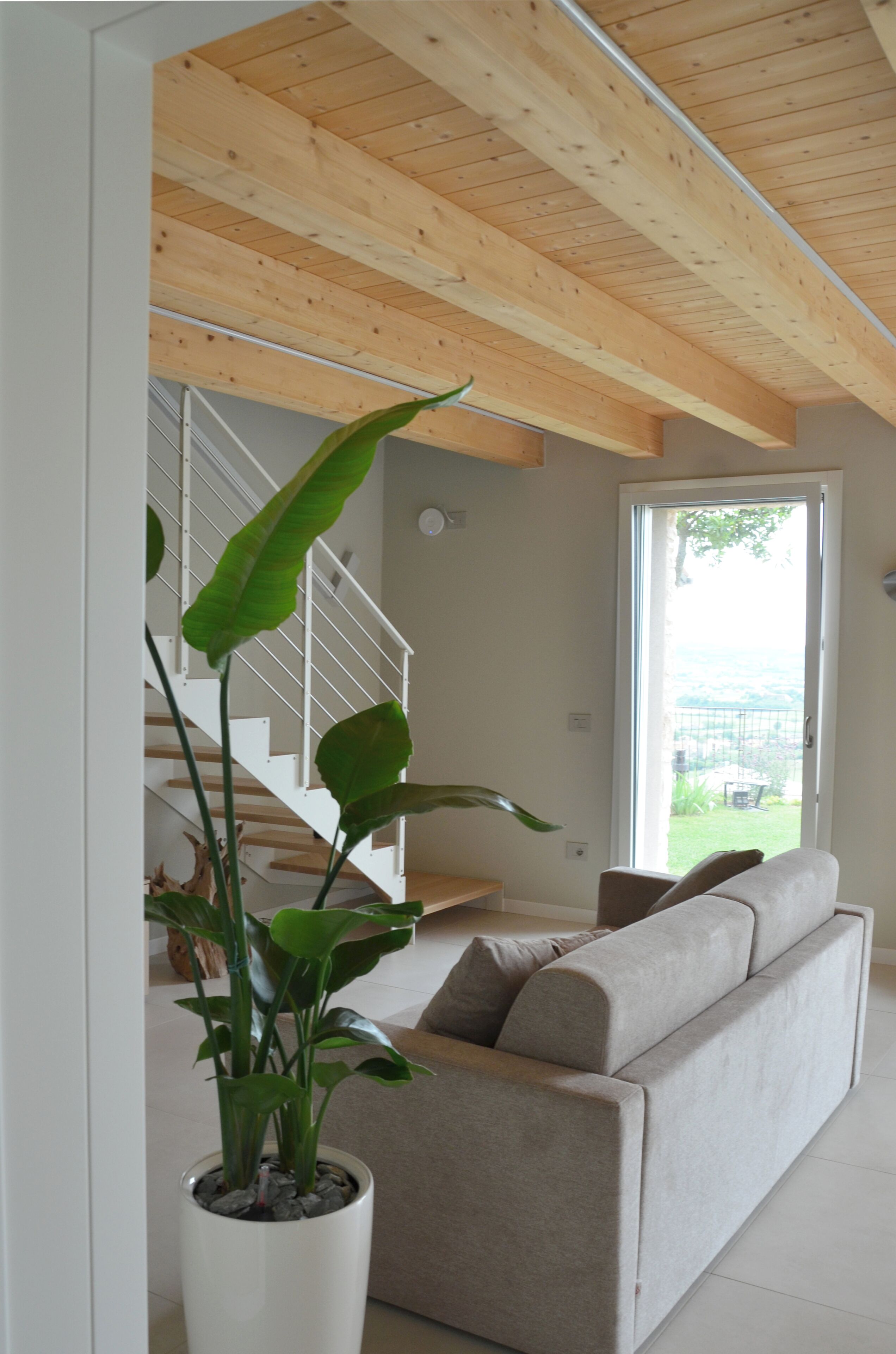Un intérieur moderne avec un plafond en bois, un escalier, un canapé gris et une plante en pot.