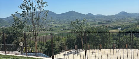 A grassy area with a metal fence, a tree, and a clear view of distant hills.
