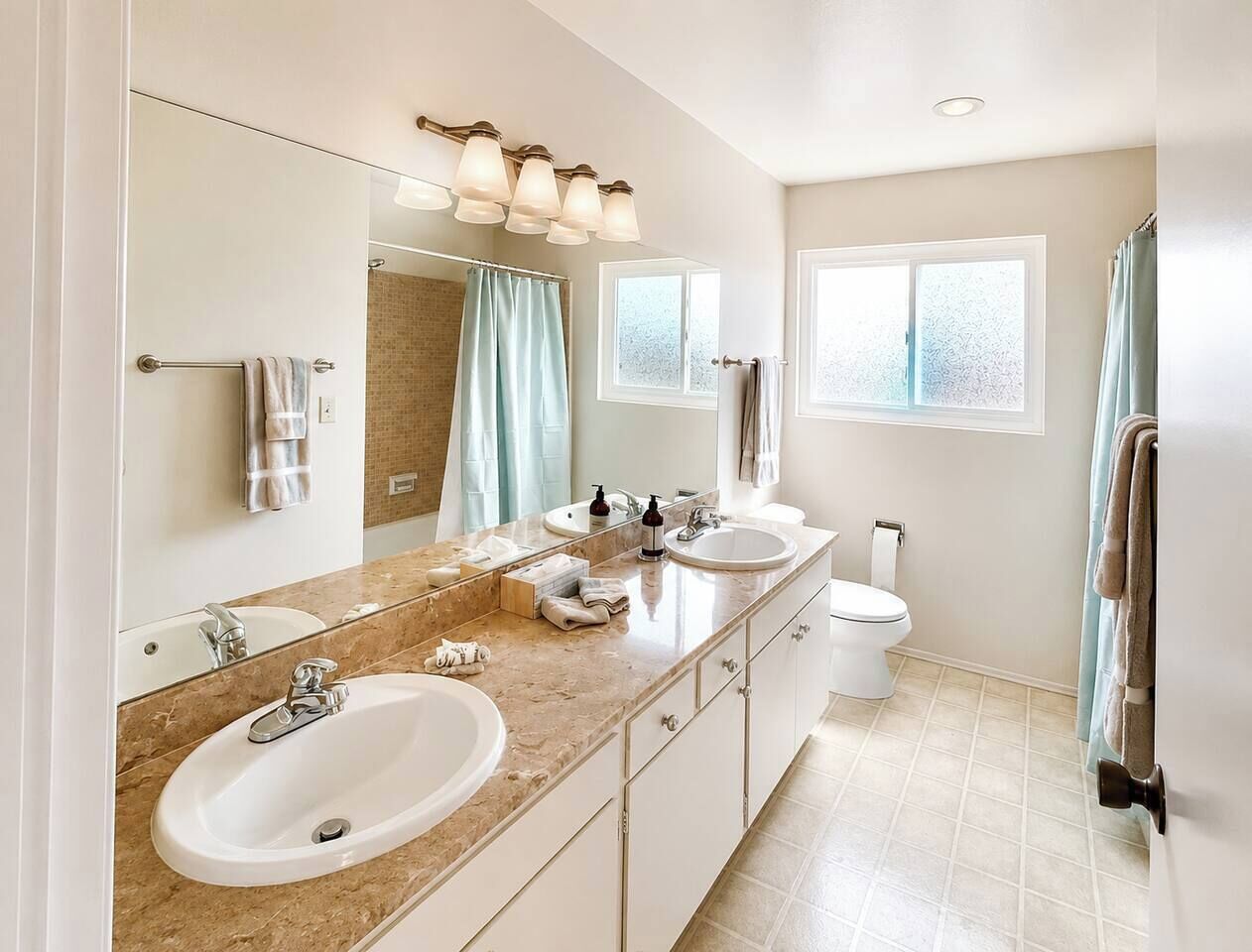 Hair dryer, towels, shampoo, toilet paper