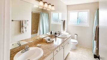 Hair dryer, towels, shampoo, toilet paper