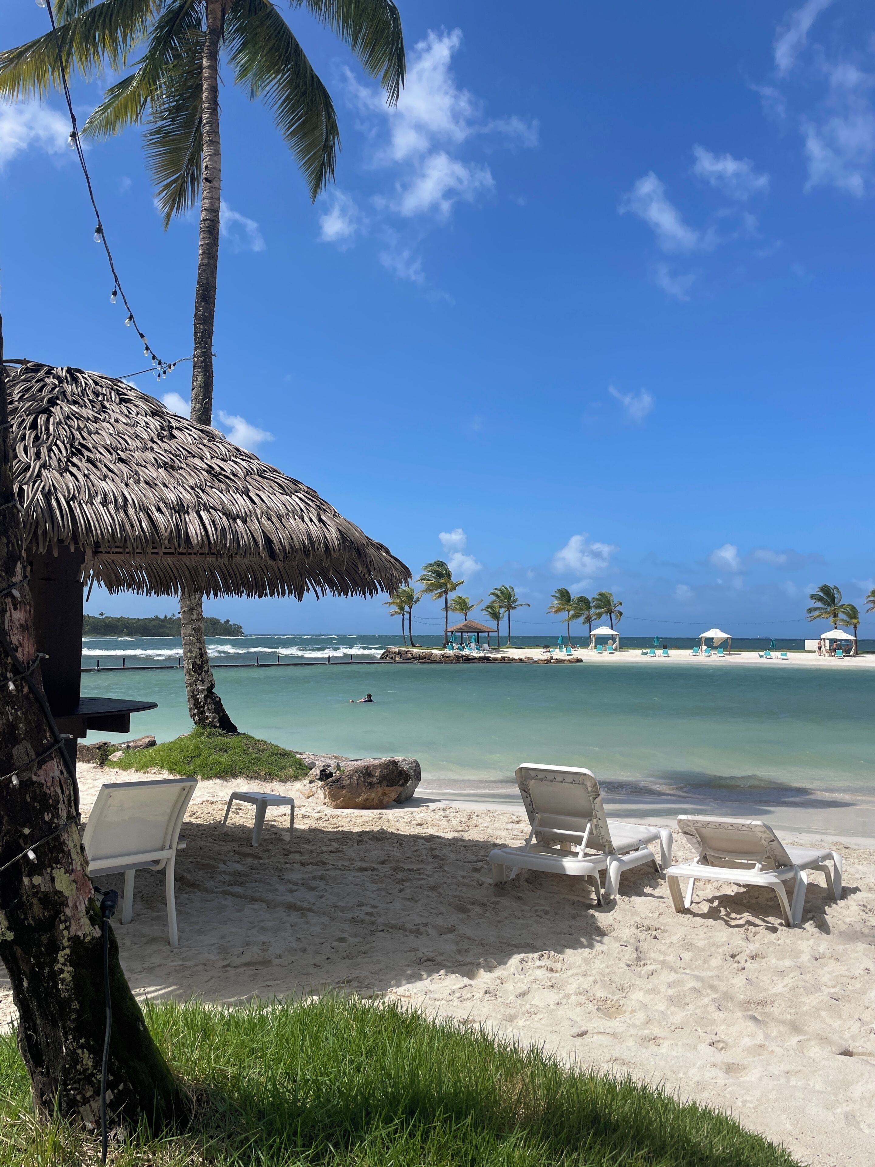 A beach with white lounge chairs, a thatched-roof structure, palm trees, and a clear blue sky.