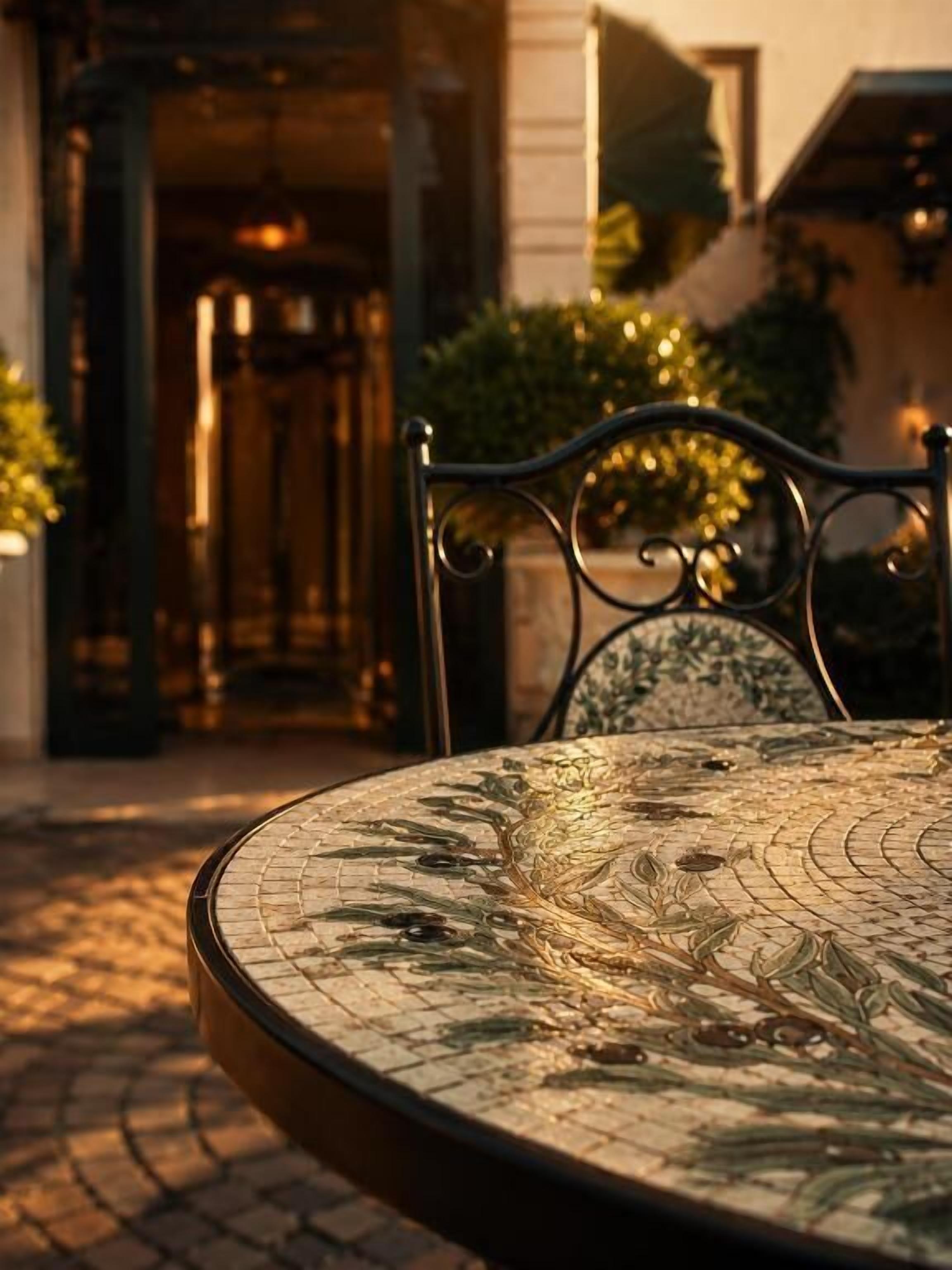 Una mesa redonda con diseño de mosaico, una silla de metal y la entrada de un edificio al fondo.