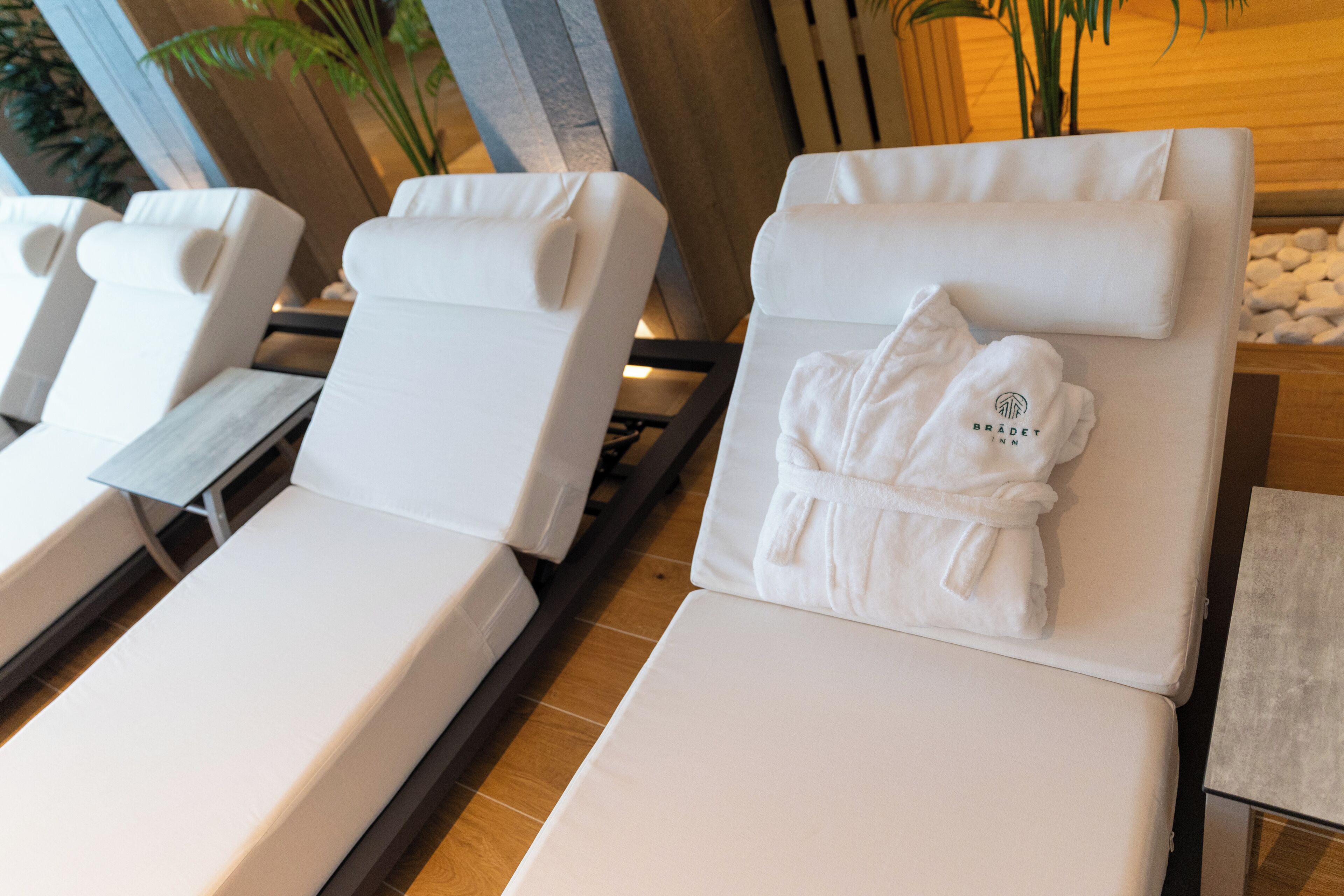 A row of white sun loungers with towels and robes, a wooden floor, and a plant in the background.