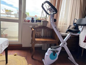 A room with a stationary exercise bike, a wooden chair with cushions, and a view of the outdoors through a window.