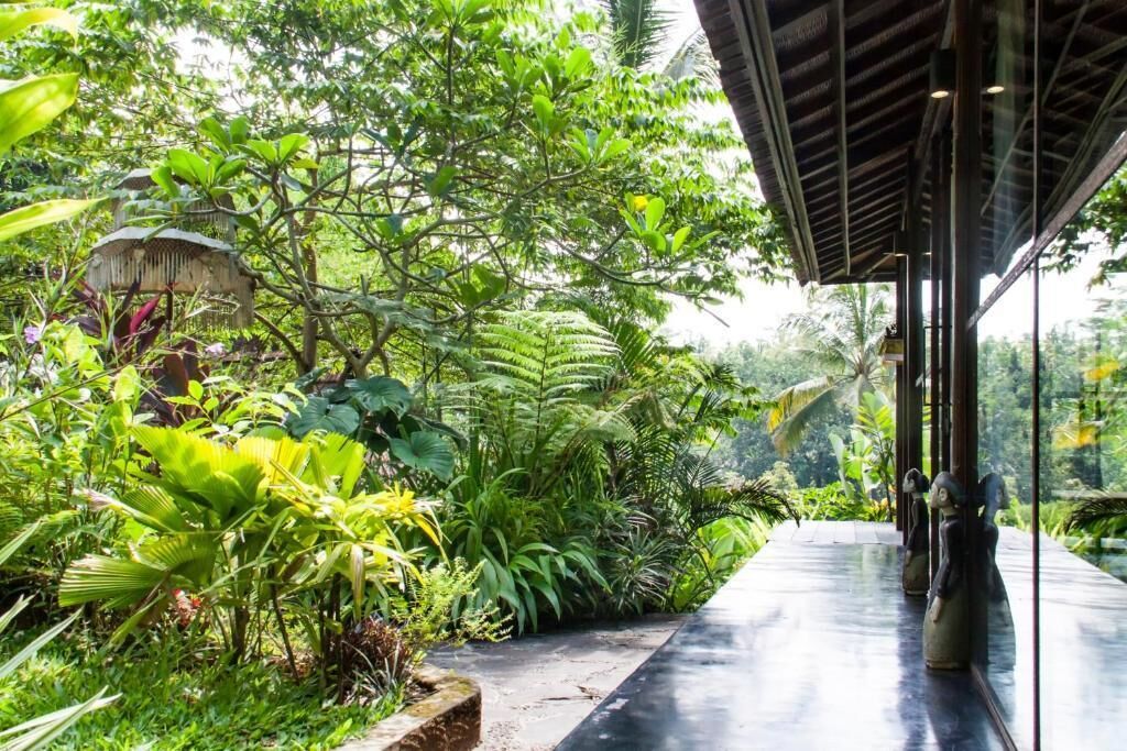 Un jardin tropical doté d’une allée couverte en verre.