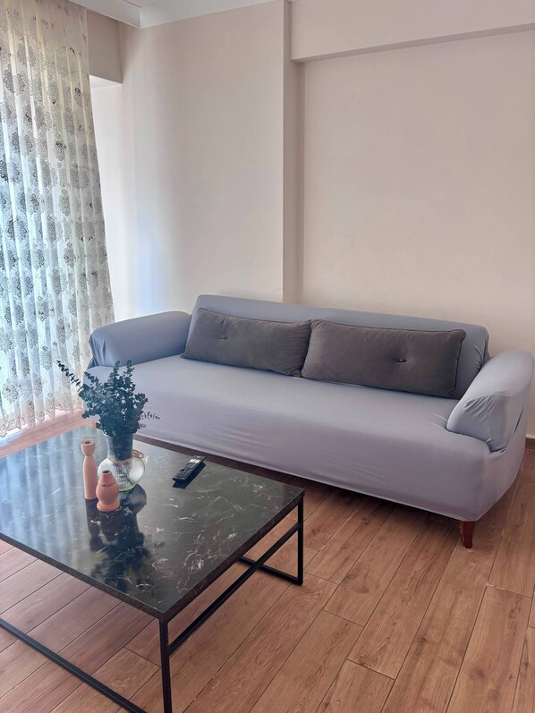 A living room with a grey sofa, a glass coffee table, and a vase with a plant.