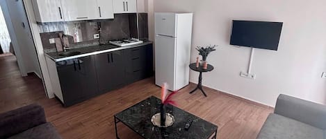 A modern apartment with a kitchen, a dining area, and a living room.