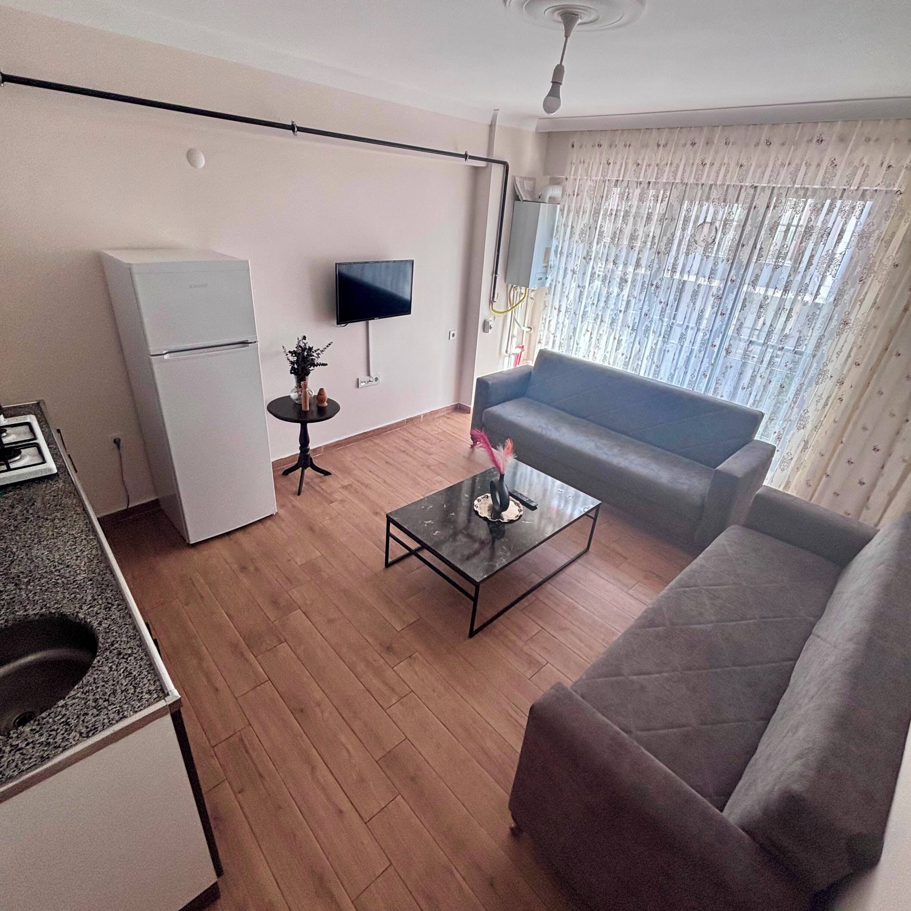 A modern living room with a grey sofa, a coffee table, a flat-screen TV, and a kitchen area with a refrigerator.