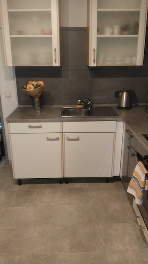 A kitchen with two cabinets, a sink, and a kettle. - 🍋 Casa Limone – Your cozy retreat in the Westerwald (not Upland) (Willingen)