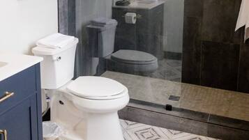 A modern bathroom with a glass shower enclosure, a white toilet, and a sink with a mirror above it.