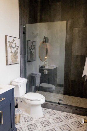 A modern bathroom with a glass shower enclosure, a white toilet, and a sink with a mirror above it. - Speakeasy King Room (Rm 4) (Nevada City)