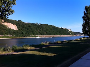 A river with a boat, grassy banks, and a forested hillside. - Apartment 'Haus Abendsonne Top Floor' with Terrace, Garden & Wi-Fi (Koblenz)