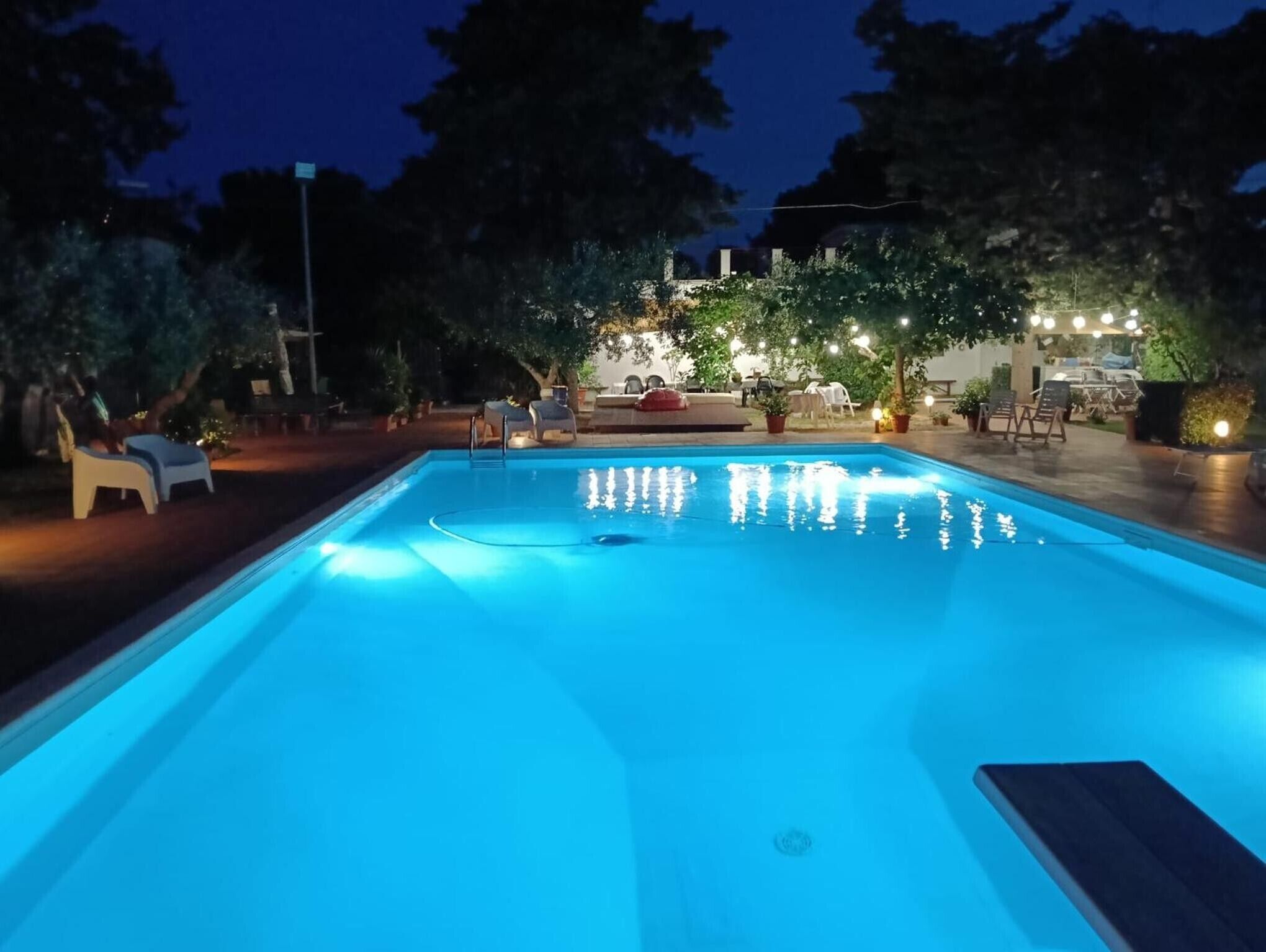 Ein Schwimmbecken bei Nacht, das Licht spiegelt, umgeben von Bäumen und Gartenmöbeln.
