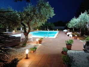 An outdoor pool area with a tiled deck, lounge chairs, and potted plants.