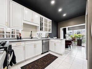 A modern kitchen with white cabinetry, a built-in dishwasher, and a large window providing a view of the outdoors.