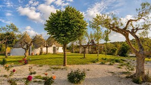 Ein Garten mit verschiedenen Bäumen, ein weißes Gebäude und ein klarer Himmel.