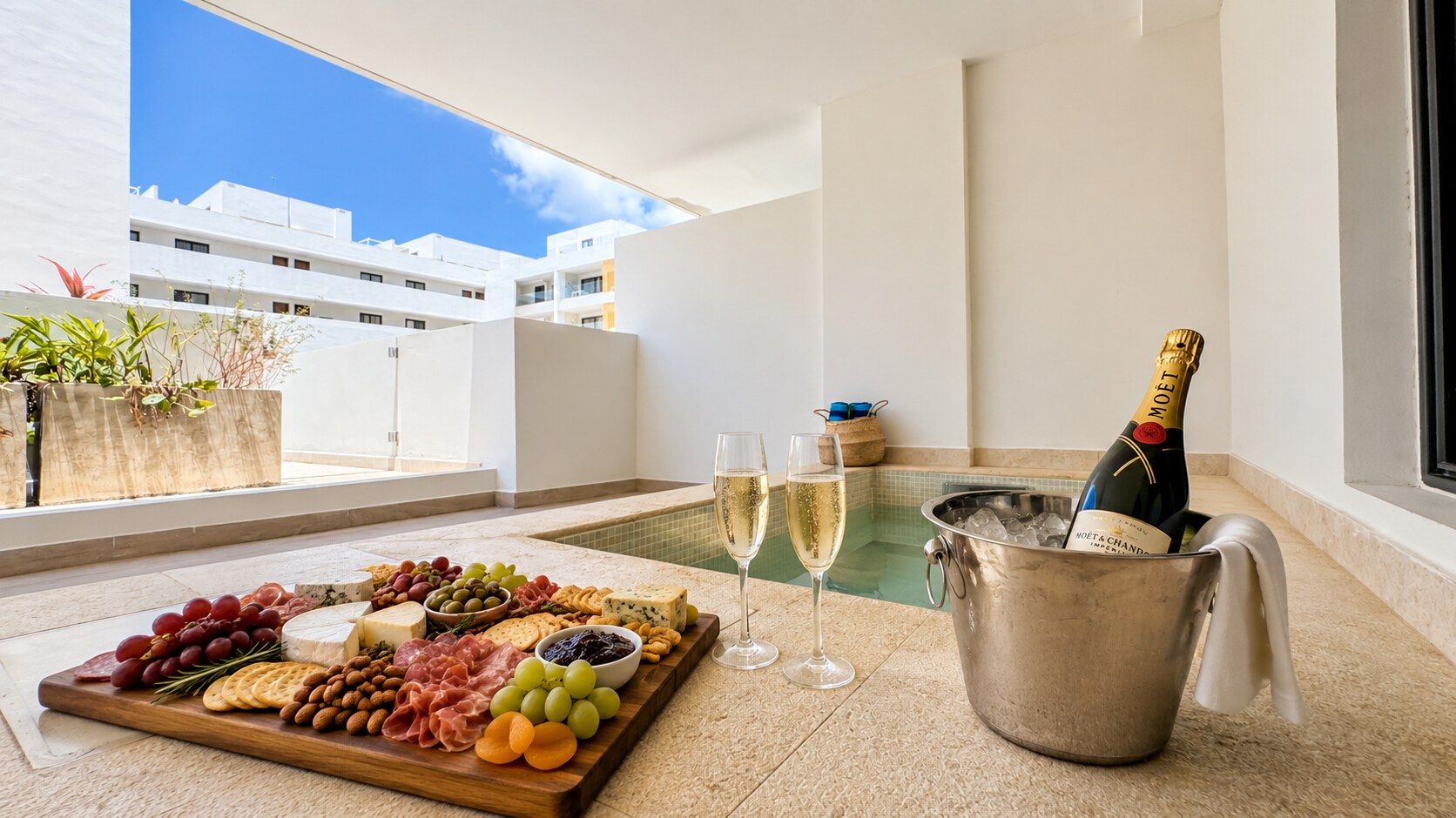 Una terraza con una tabla de embutidos, copas de vino blanco y una botella de champán en un balde.
