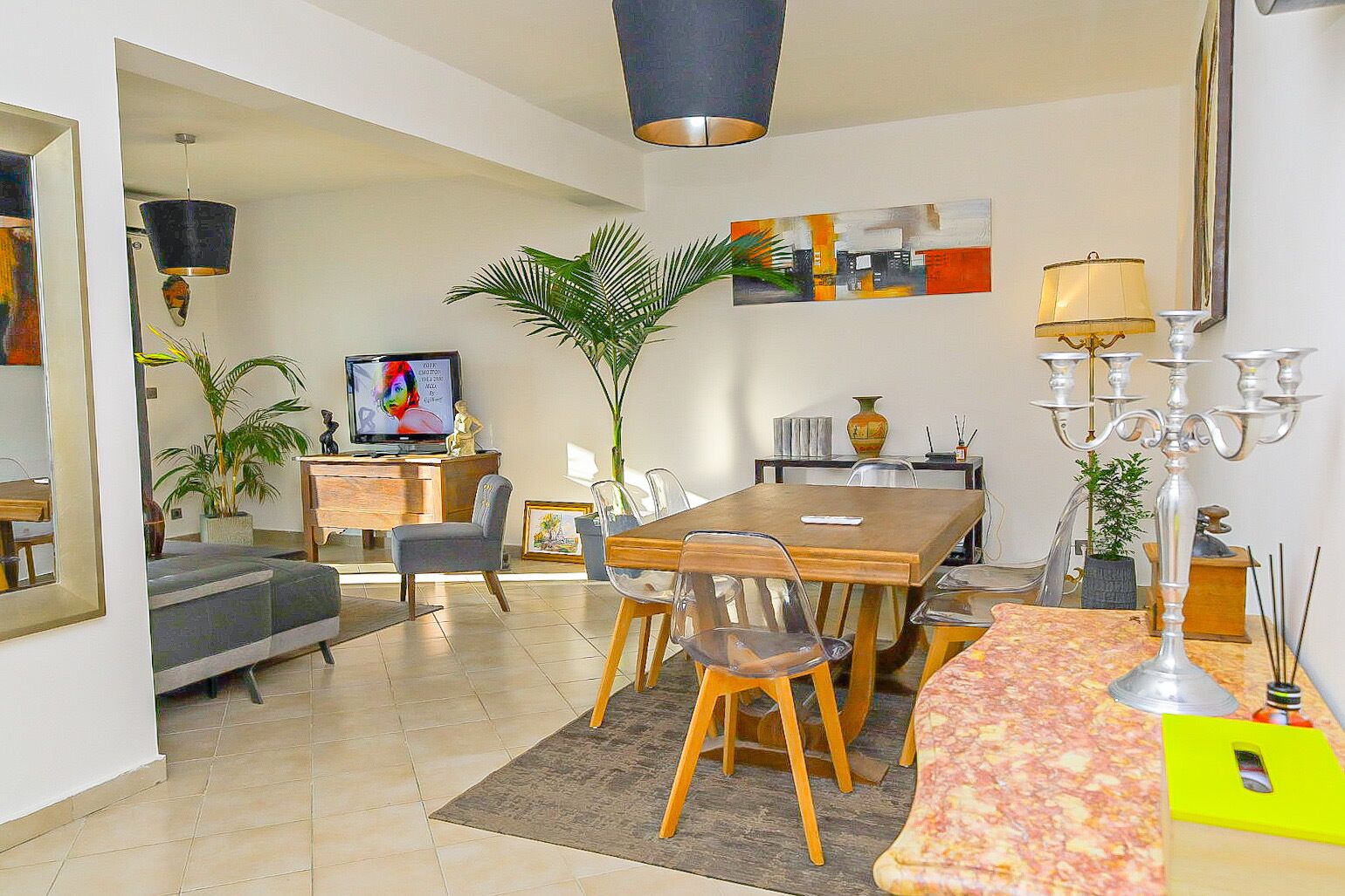 A modern living room with a dining area, a television, and a large plant.