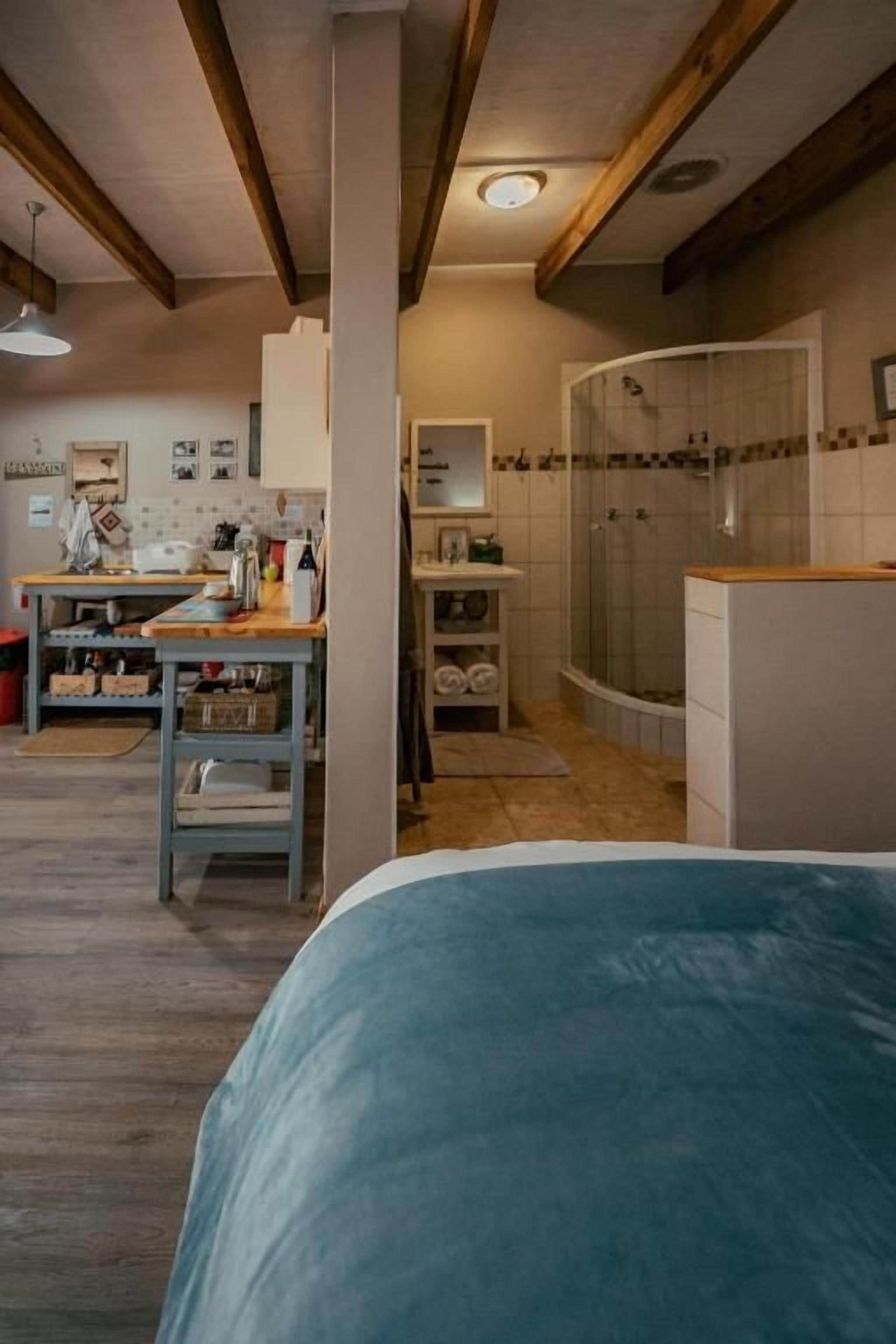 A bedroom with a bed, a wooden floor, a kitchenette, and a bathroom with a shower.